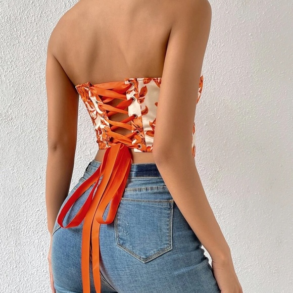 Boho floral print lace up back satin bustier corset tube top - Picture 6 of 11